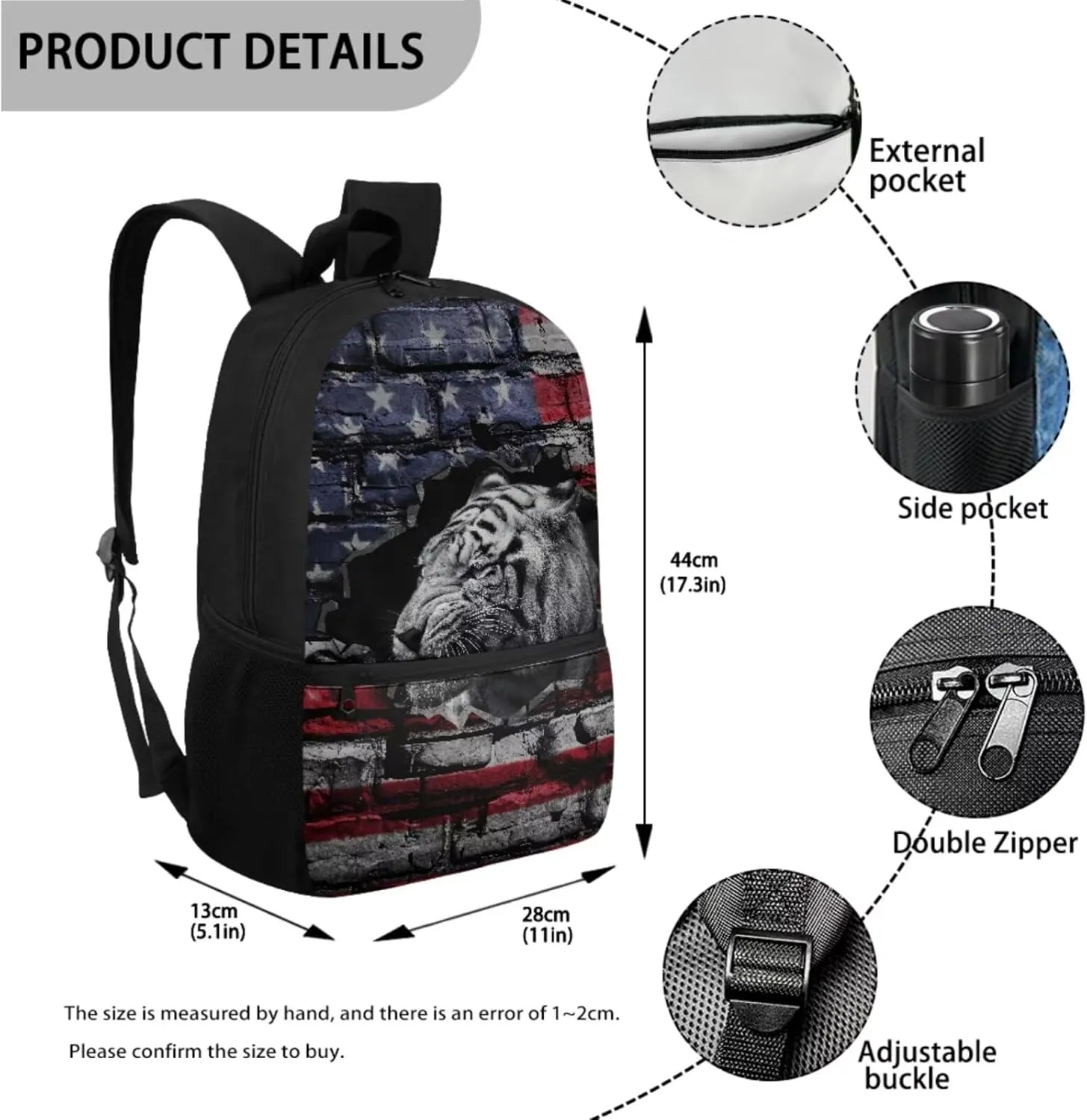 Poceacles American Flag Tiger Print Bookbag with Lunch Box for Boys 10-12 School Backpack for Boys 3Pcs Bookbag with Pencil Case, 17 Inch Lightweight Backpack with Lunch Bag for Teens High School