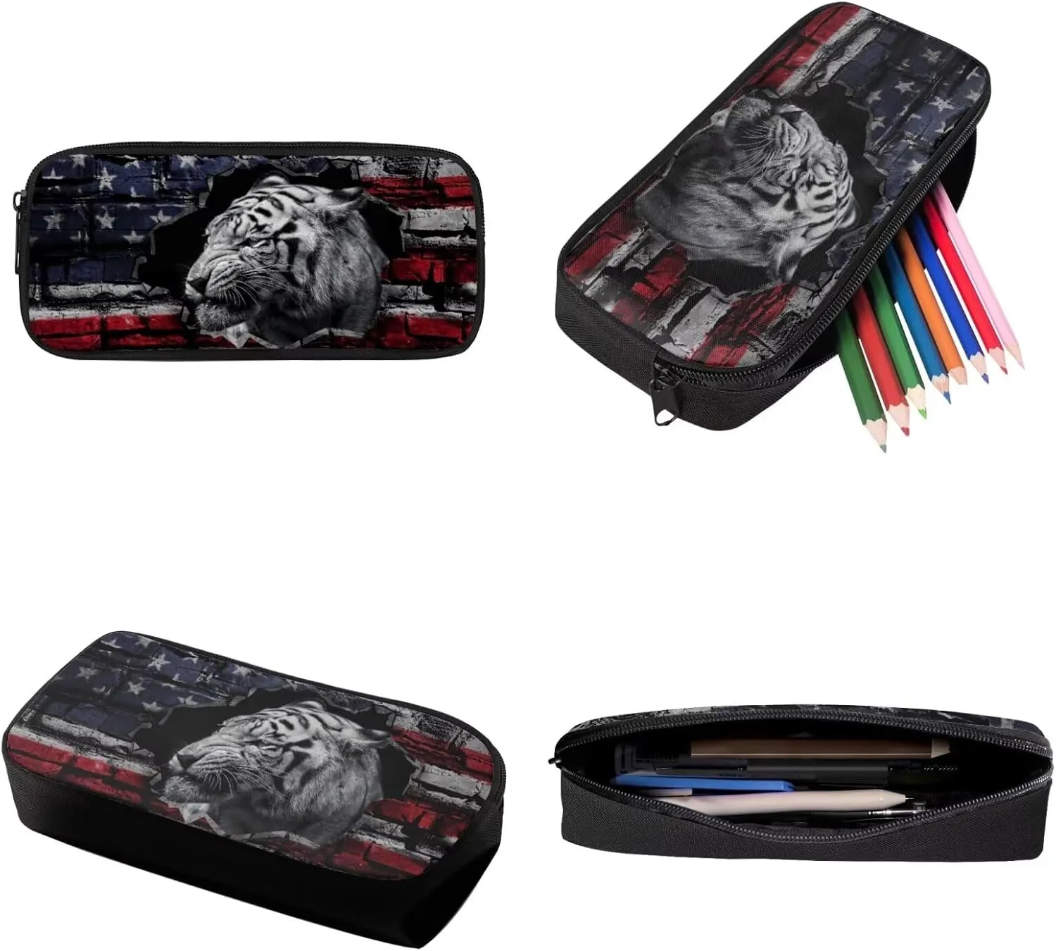 Poceacles American Flag Tiger Print Bookbag with Lunch Box for Boys 10-12 School Backpack for Boys 3Pcs Bookbag with Pencil Case, 17 Inch Lightweight Backpack with Lunch Bag for Teens High School