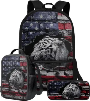 Poceacles American Flag Tiger Print Bookbag with Lunch Box for Boys 10-12 School Backpack for Boys 3Pcs Bookbag with Pencil Case, 17 Inch Lightweight Backpack with Lunch Bag for Teens High School