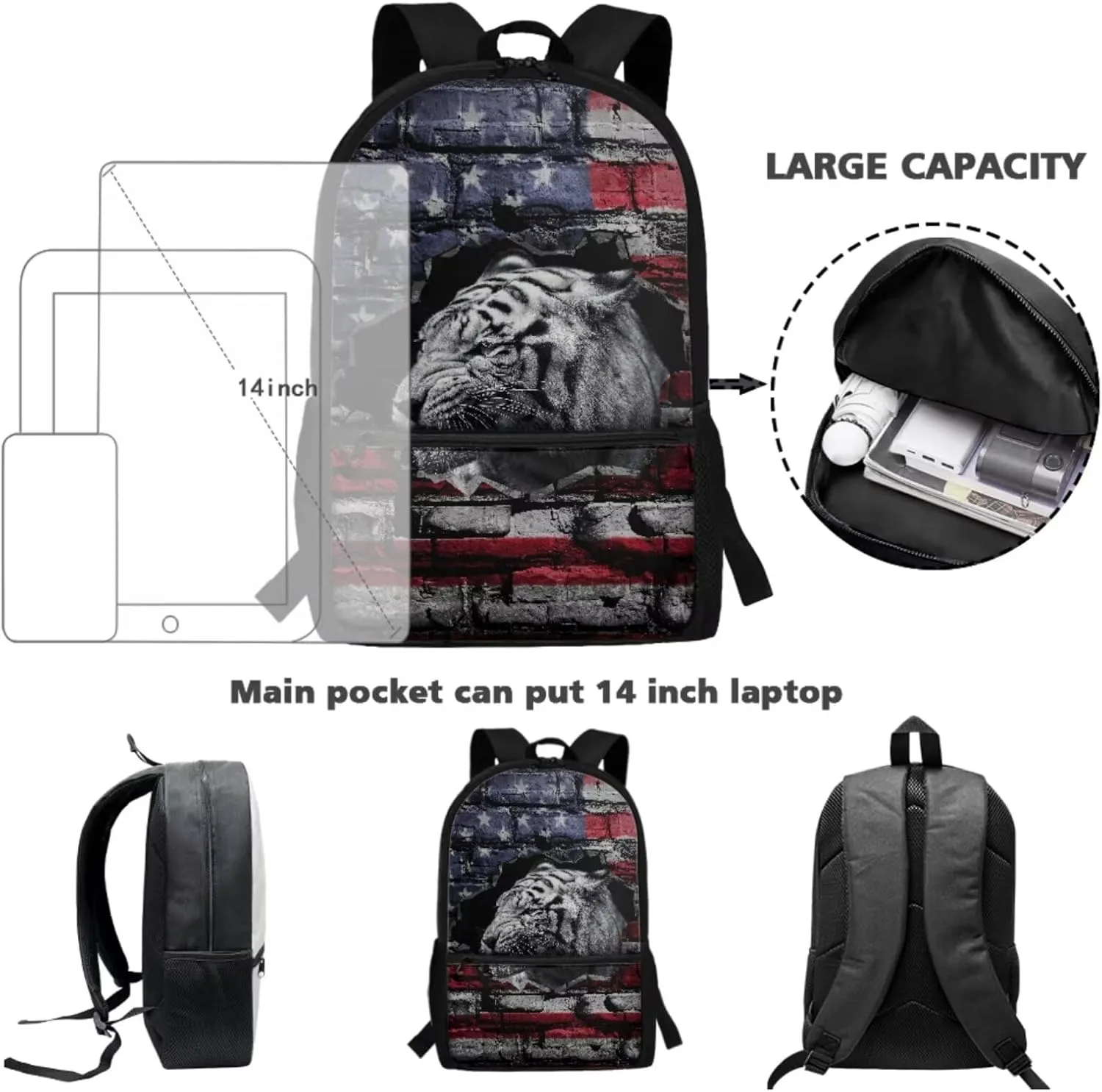 Poceacles American Flag Tiger Print Bookbag with Lunch Box for Boys 10-12 School Backpack for Boys 3Pcs Bookbag with Pencil Case, 17 Inch Lightweight Backpack with Lunch Bag for Teens High School