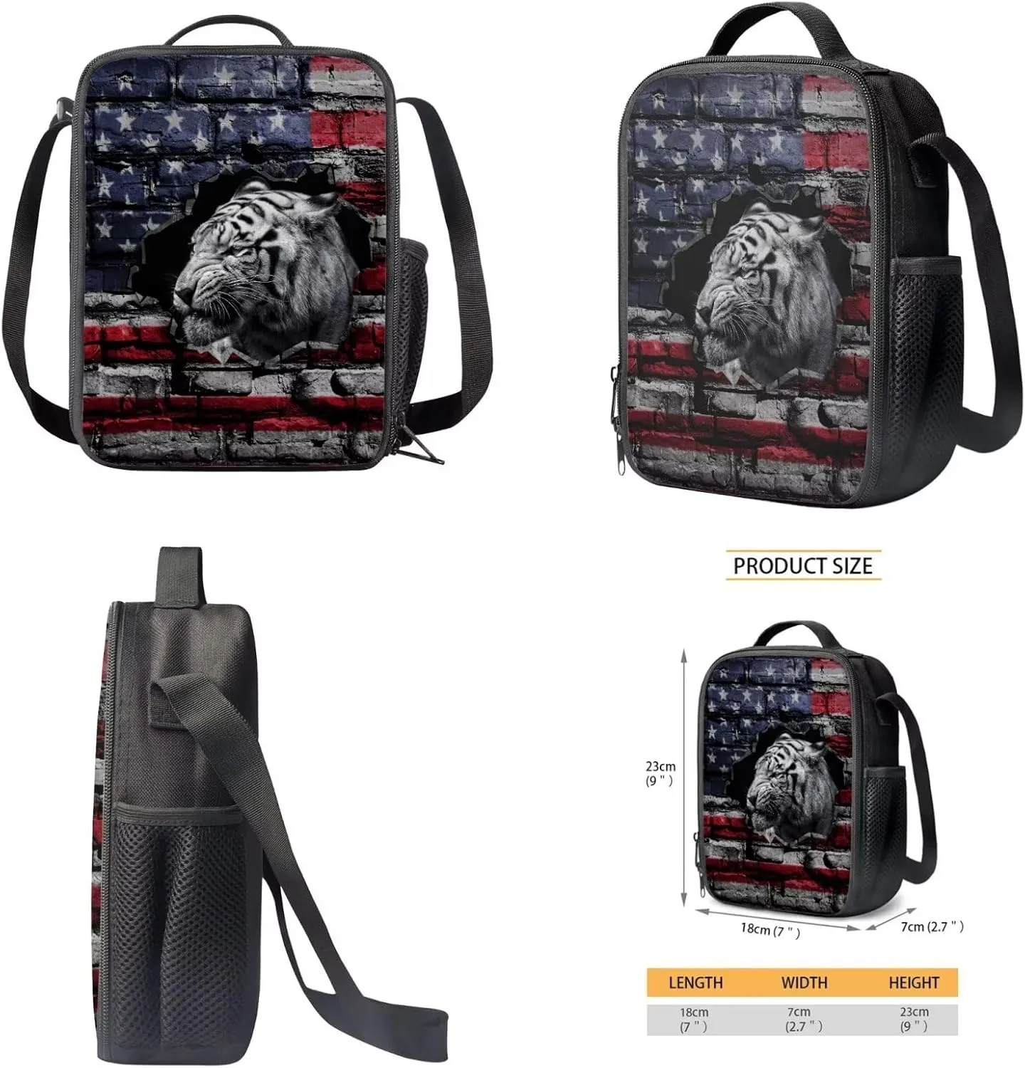 Poceacles American Flag Tiger Print Bookbag with Lunch Box for Boys 10-12 School Backpack for Boys 3Pcs Bookbag with Pencil Case, 17 Inch Lightweight Backpack with Lunch Bag for Teens High School