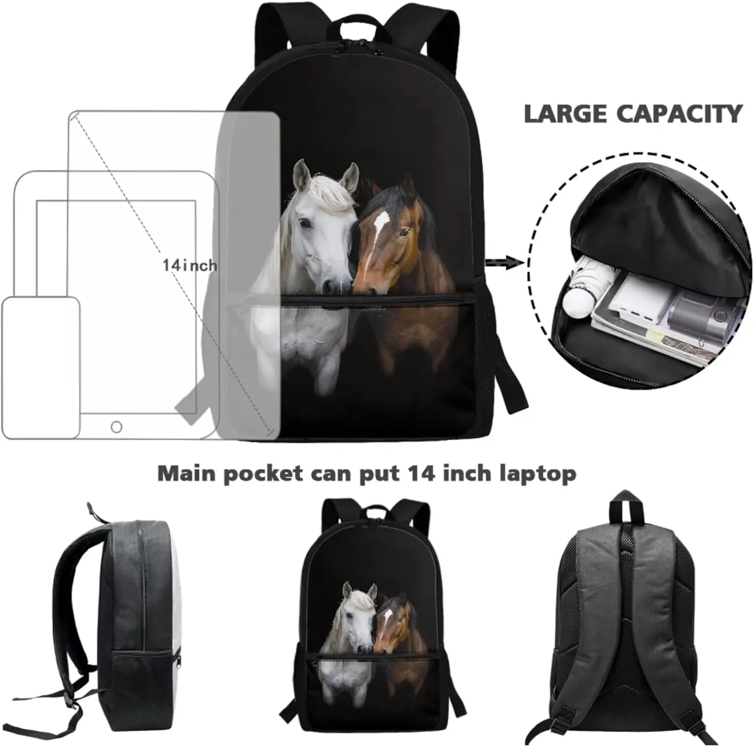 Poceacles Black Horse Print Girls Backpack And Lunch Box Set Kindergarten Cherry Blossom Bookbag with Lunchbox Pencil Pouch 3 In 1 Schoolbag Lightweight Elementary School Shoulder Bag 17 Inches