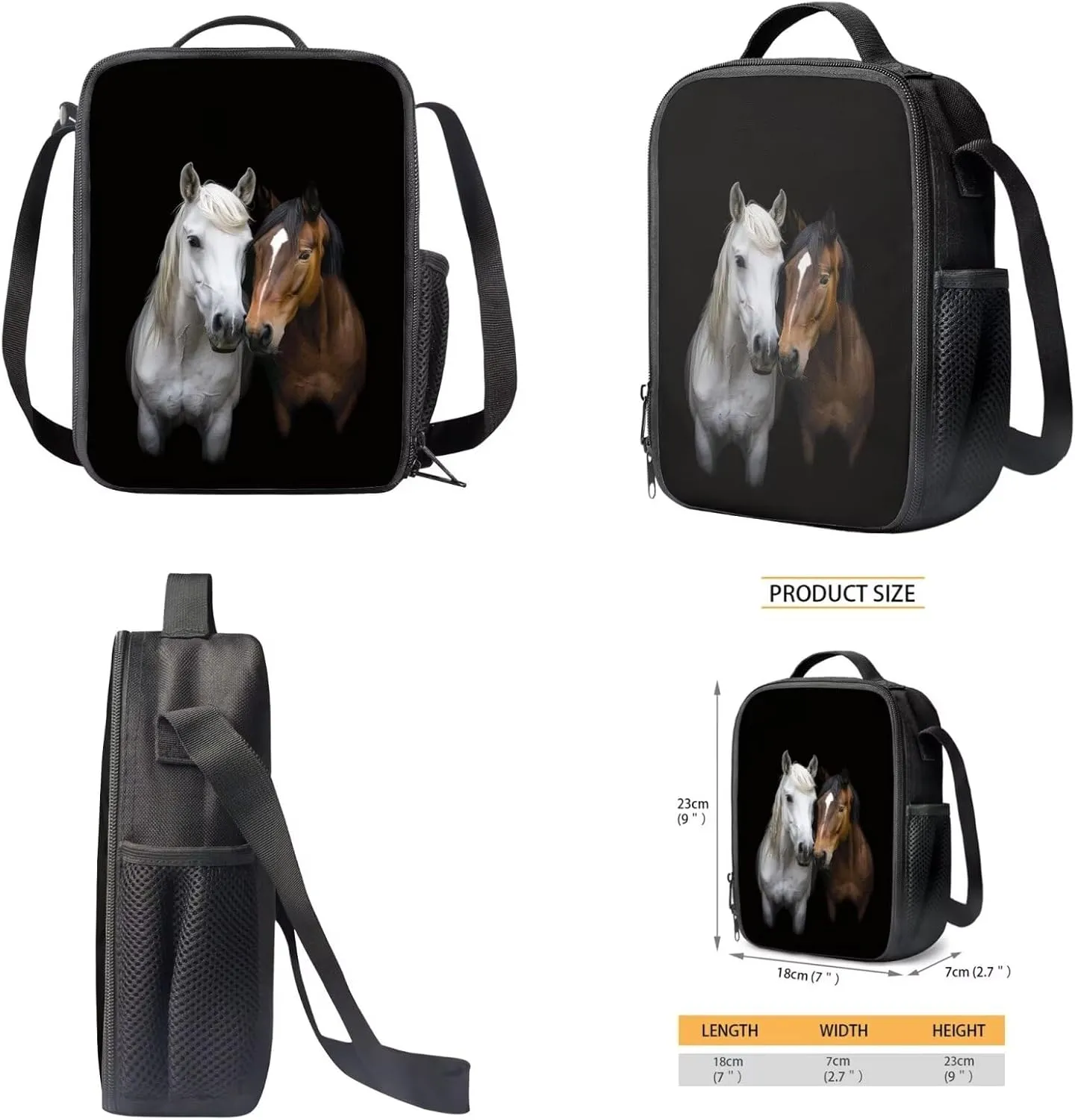 Poceacles Black Horse Print Girls Backpack And Lunch Box Set Kindergarten Cherry Blossom Bookbag with Lunchbox Pencil Pouch 3 In 1 Schoolbag Lightweight Elementary School Shoulder Bag 17 Inches