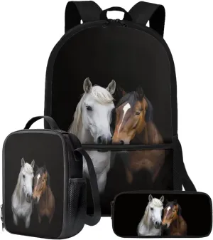 Poceacles Black Horse Print Girls Backpack And Lunch Box Set Kindergarten Cherry Blossom Bookbag with Lunchbox Pencil Pouch 3 In 1 Schoolbag Lightweight Elementary School Shoulder Bag 17 Inches