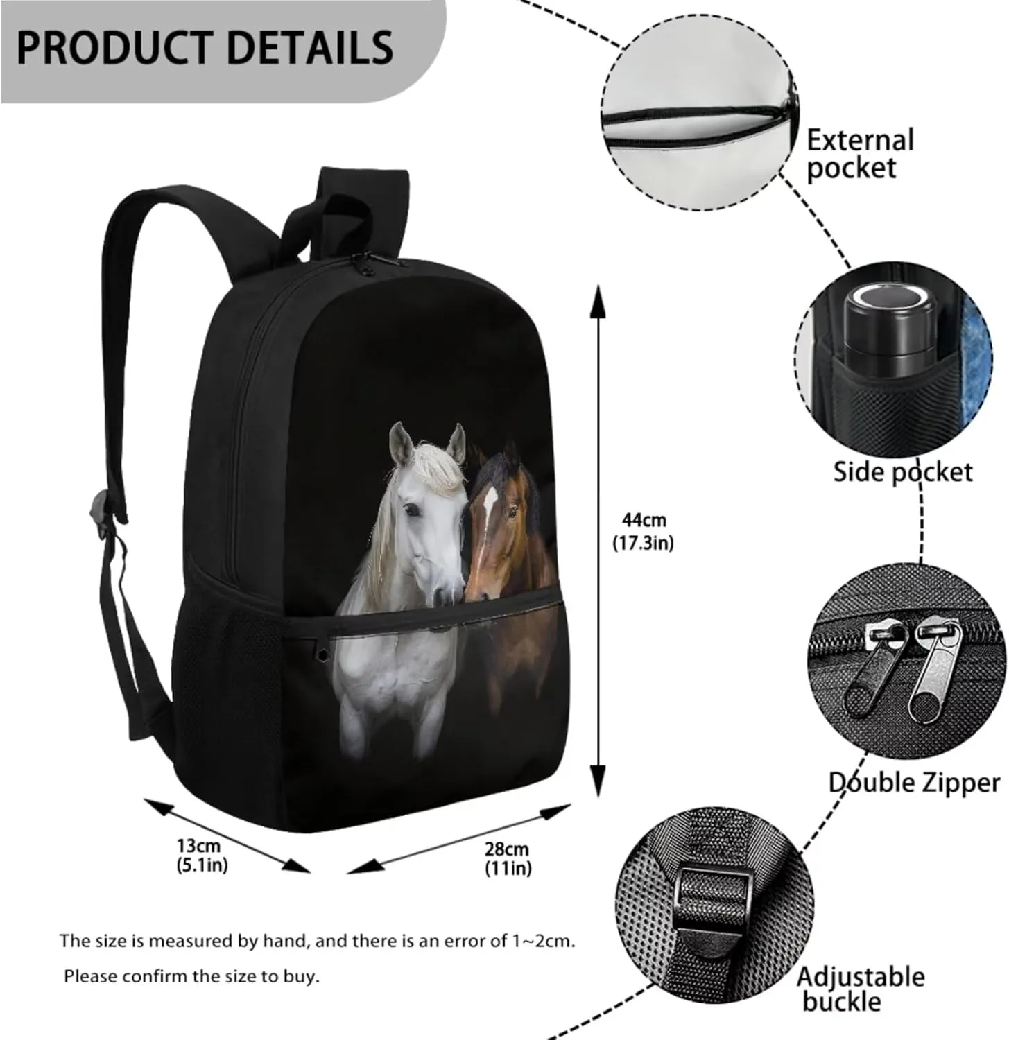 Poceacles Black Horse Print Girls Backpack And Lunch Box Set Kindergarten Cherry Blossom Bookbag with Lunchbox Pencil Pouch 3 In 1 Schoolbag Lightweight Elementary School Shoulder Bag 17 Inches