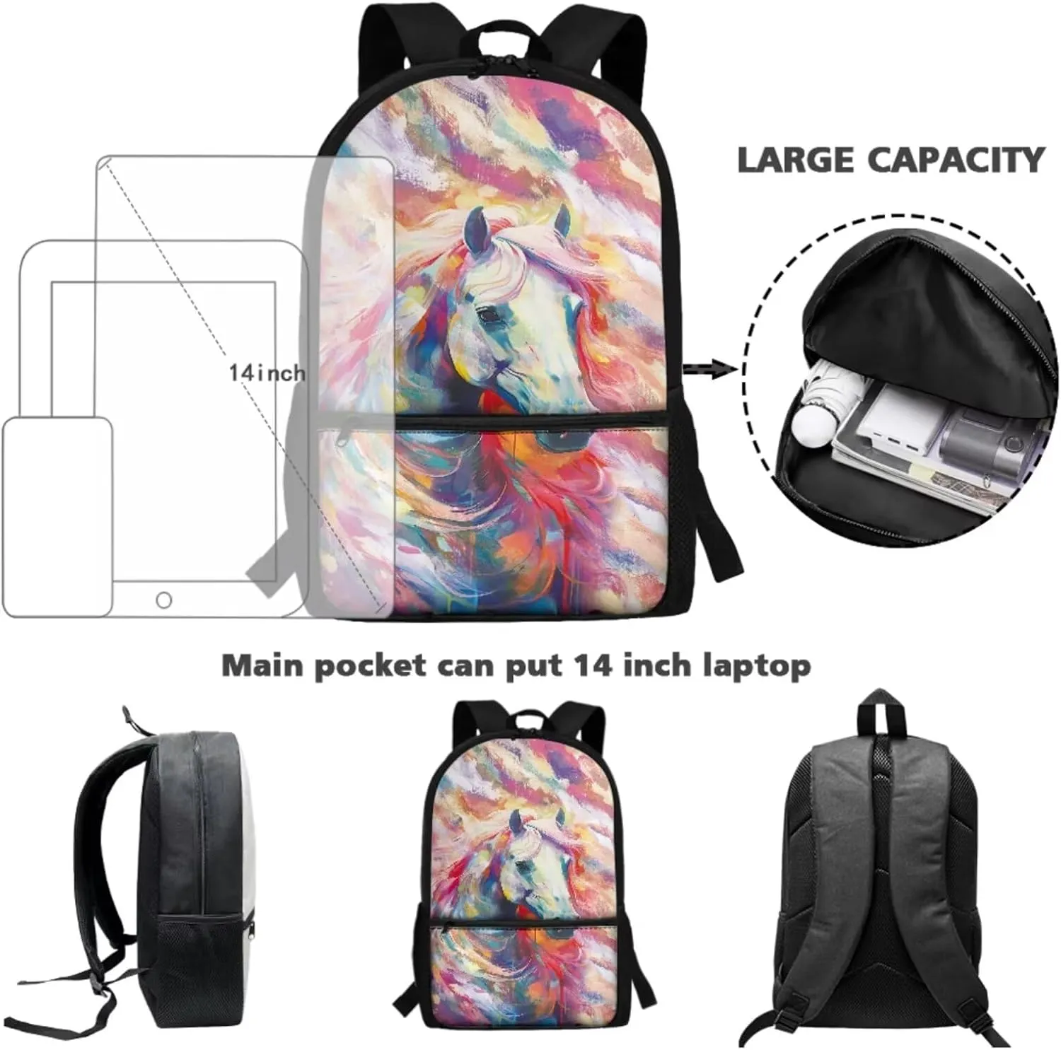 Poceacles Colorful Horse Print Boys Backpack Set for School Kids Backpack Set 3 Piece Student Back To School Book Bag with Shouder Bag Pencil Case Box for Boys Girls 1-6th Grade