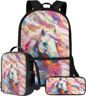 Poceacles Colorful Horse Print Boys Backpack Set for School Kids Backpack Set 3 Piece Student Back To School Book Bag with Shouder Bag Pencil Case Box for Boys Girls 1-6th Grade