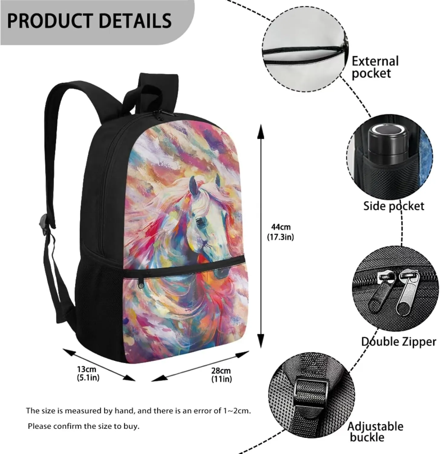 Poceacles Colorful Horse Print Boys Backpack Set for School Kids Backpack Set 3 Piece Student Back To School Book Bag with Shouder Bag Pencil Case Box for Boys Girls 1-6th Grade