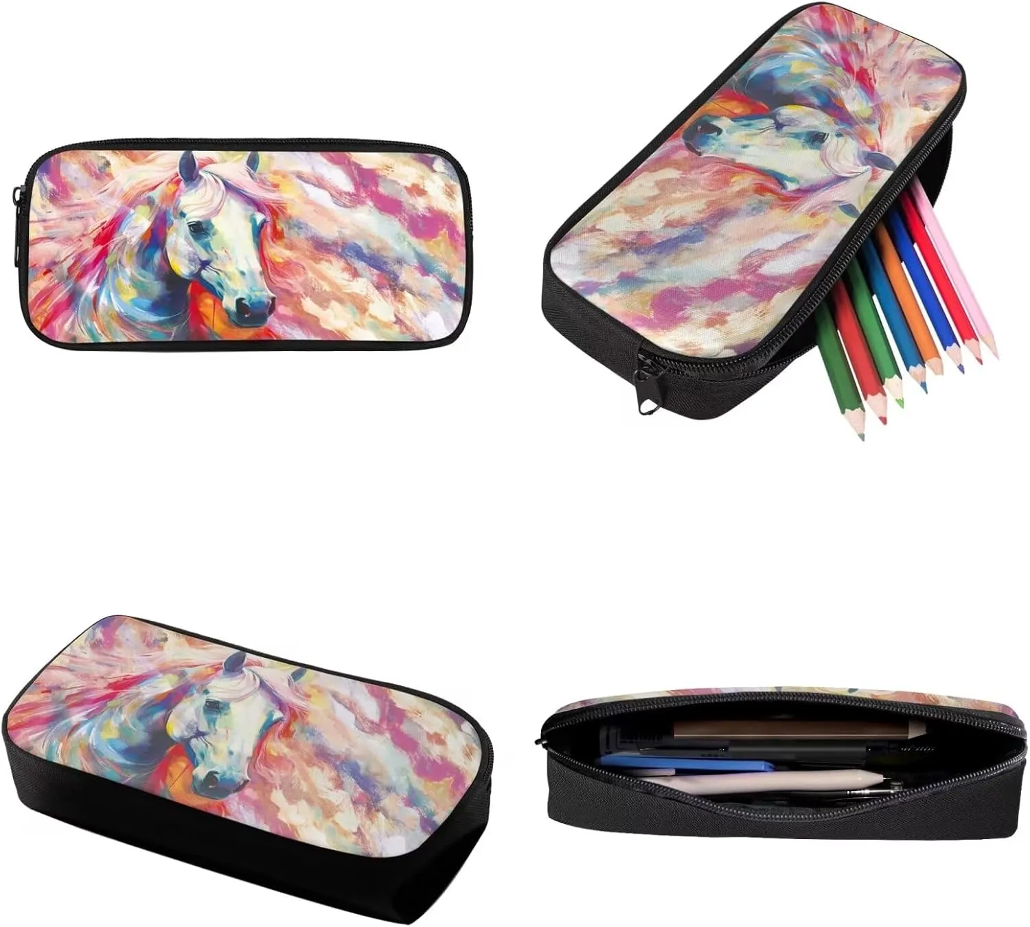 Poceacles Colorful Horse Print Boys Backpack Set for School Kids Backpack Set 3 Piece Student Back To School Book Bag with Shouder Bag Pencil Case Box for Boys Girls 1-6th Grade