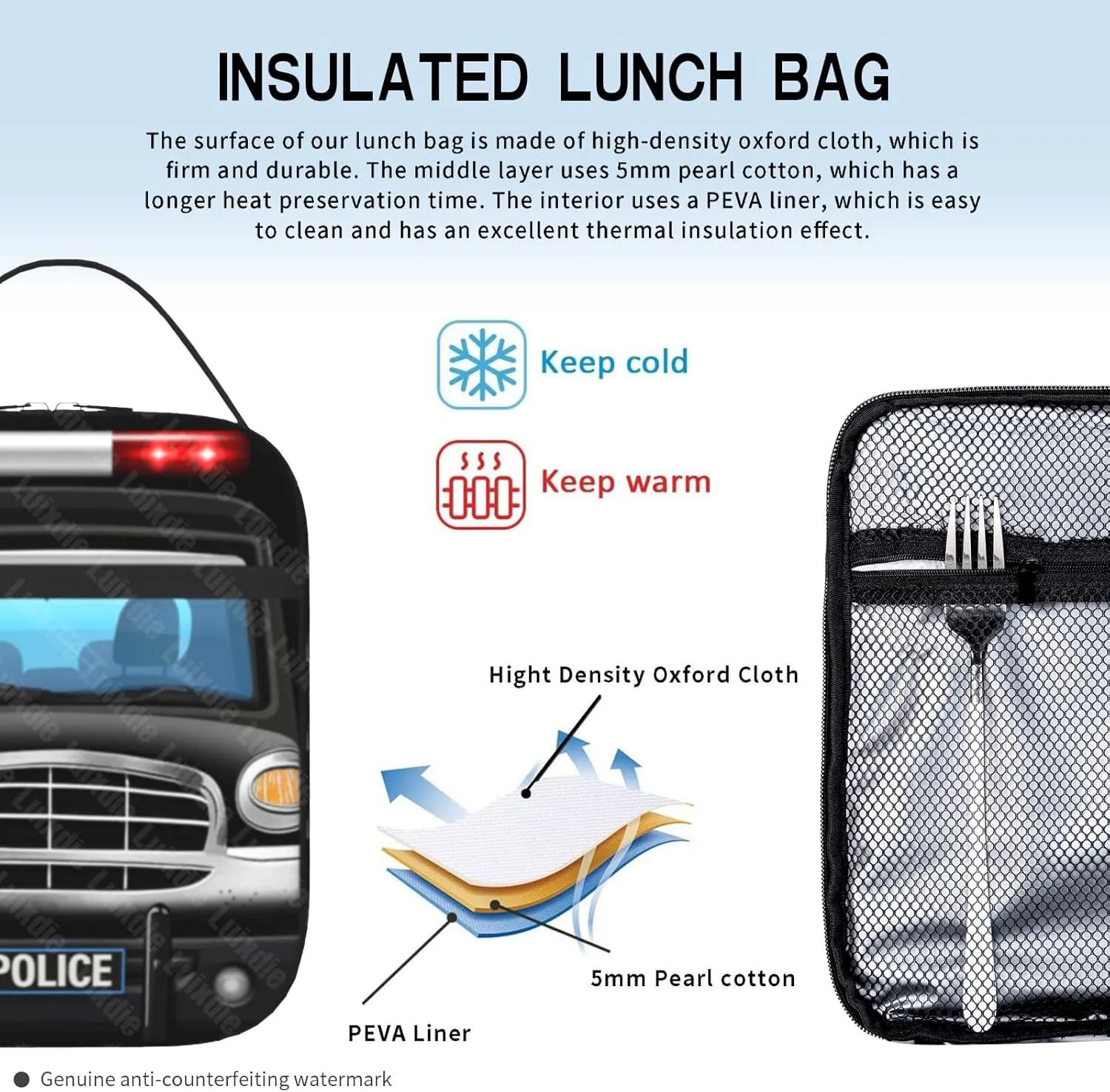 Police Car Lunch Bag for Kids Tolder Cute Cartoon Black Car Lunch Box Reusable Cooler Insulated Food Container for Boys Girls School Work Office Travel Picnic