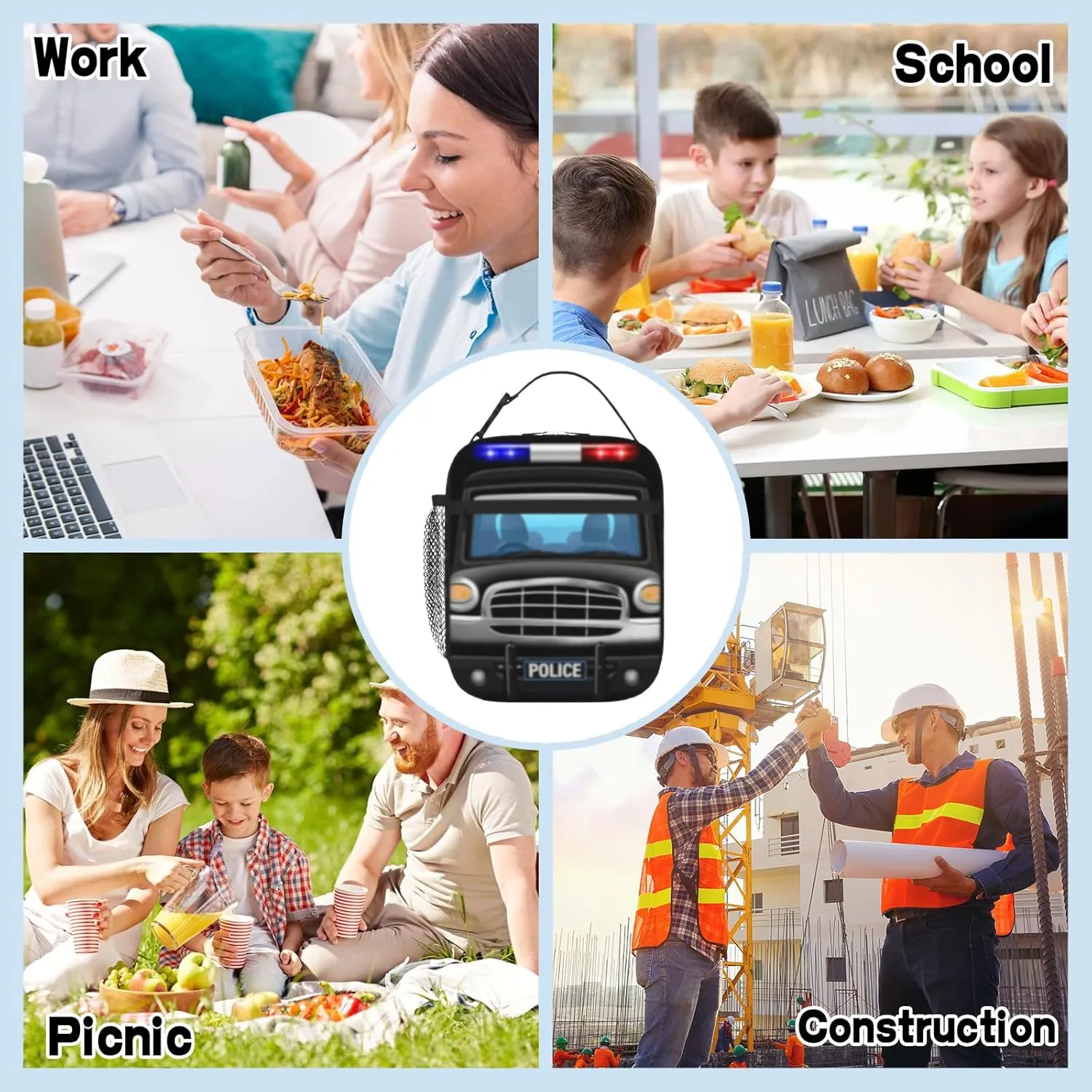 Police Car Lunch Bag for Kids Tolder Cute Cartoon Black Car Lunch Box Reusable Cooler Insulated Food Container for Boys Girls School Work Office Travel Picnic