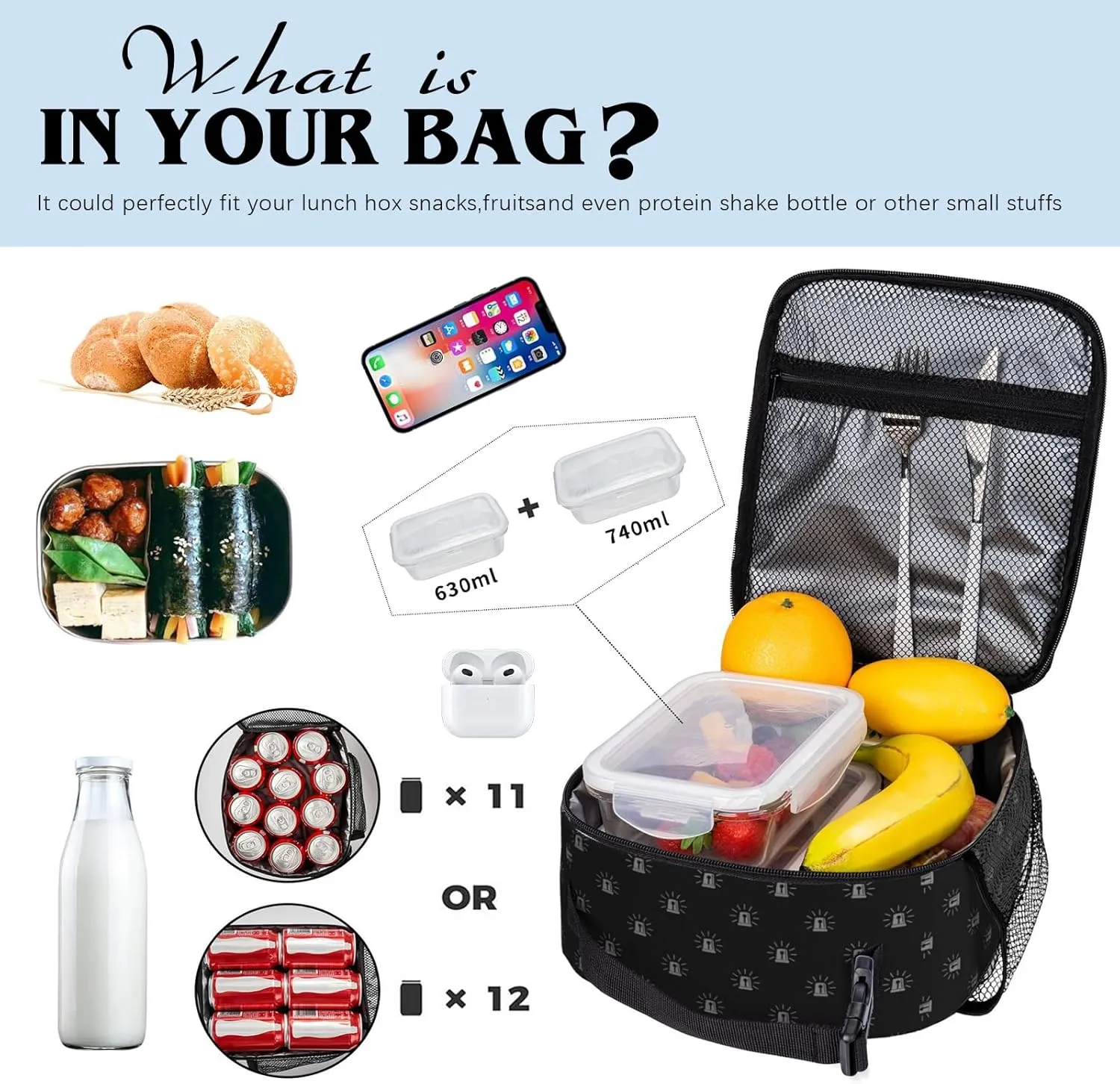 Police Car Lunch Bag for Kids Tolder Cute Cartoon Black Car Lunch Box Reusable Cooler Insulated Food Container for Boys Girls School Work Office Travel Picnic