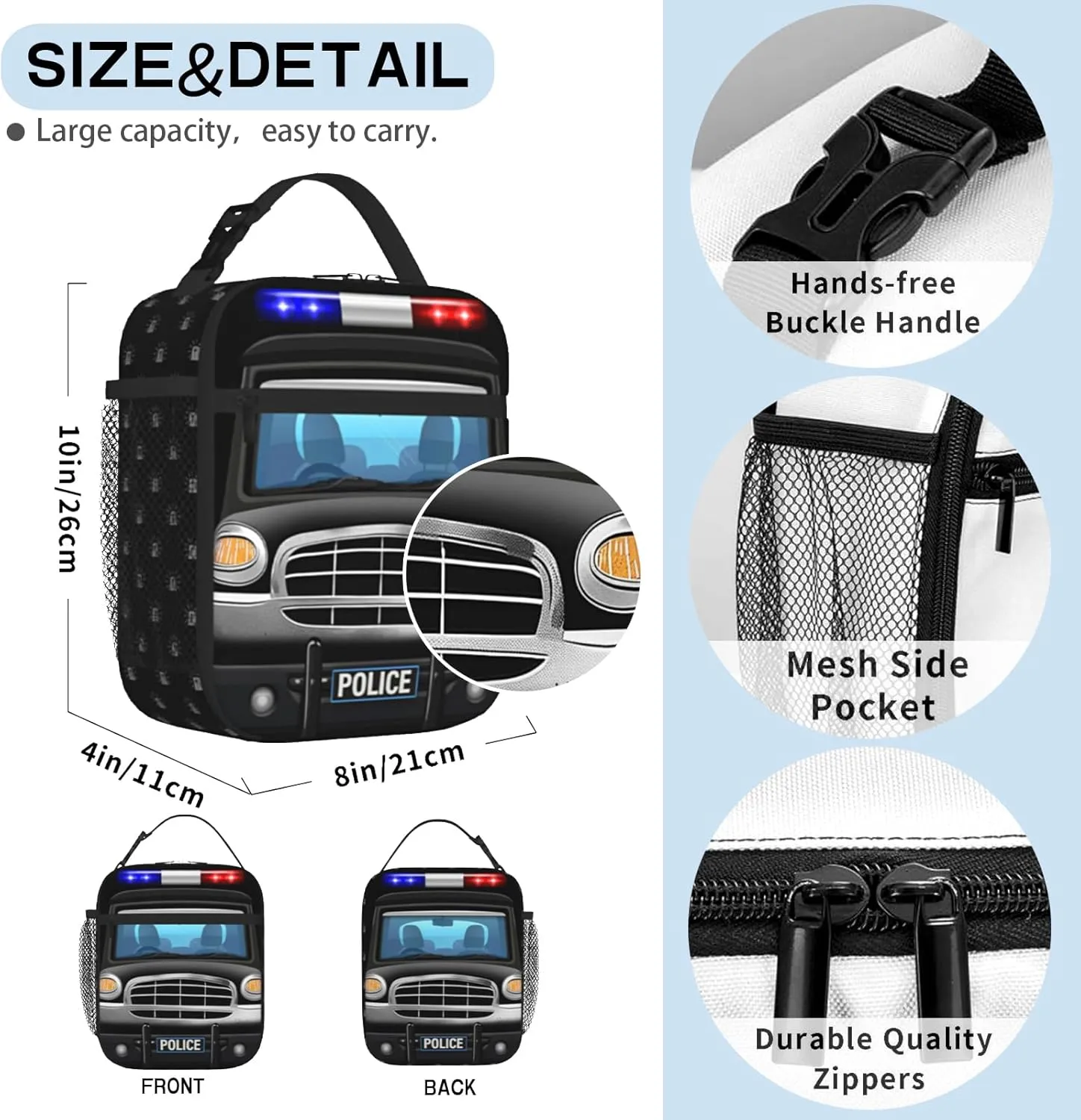 Police Car Lunch Bag for Kids Tolder Cute Cartoon Black Car Lunch Box Reusable Cooler Insulated Food Container for Boys Girls School Work Office Travel Picnic