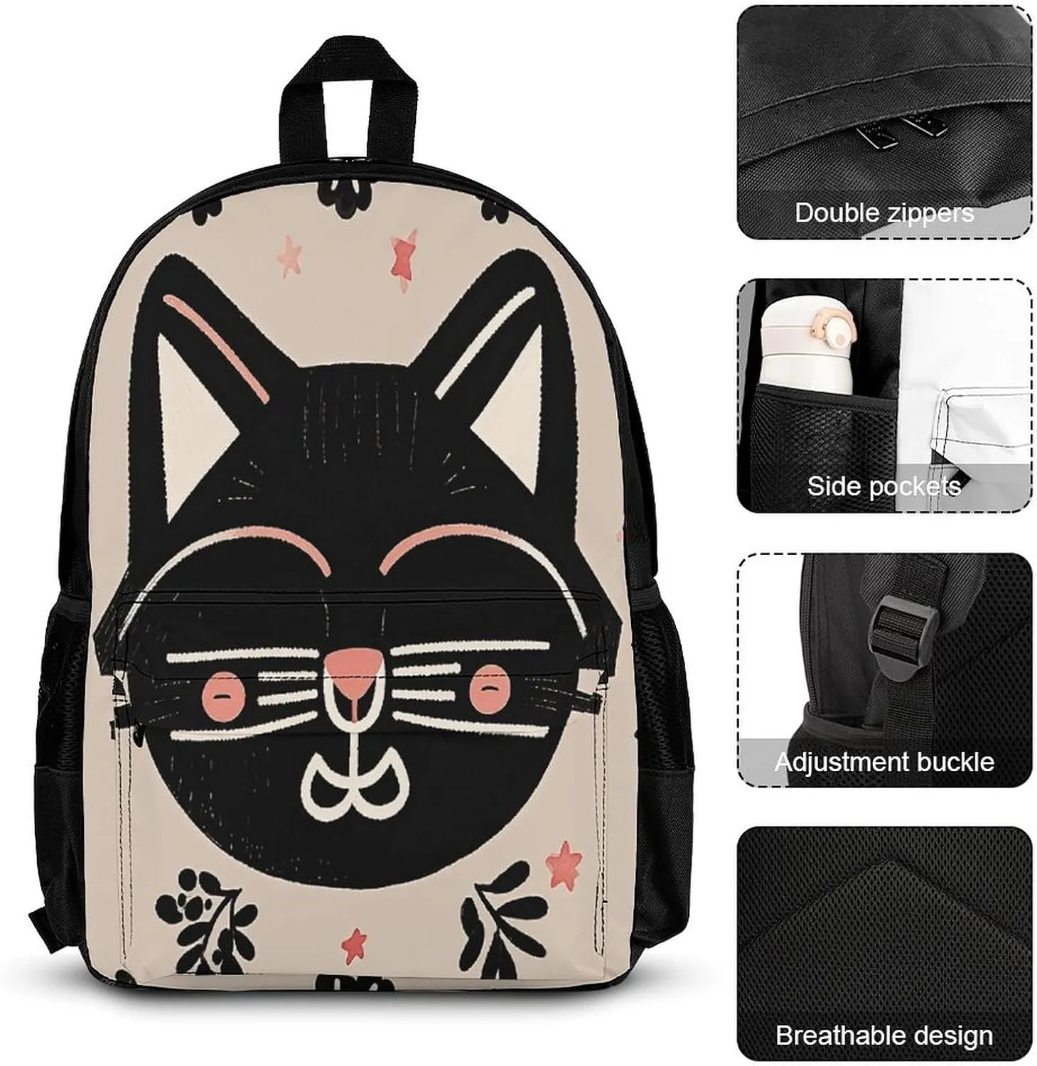 Portable Backpack Set with Lunch Bag & Pencil Case, Black, Cat Pattern Print 3-in-1 Durable Work Bag,Adjustable Straps,Lightweight & Spacious