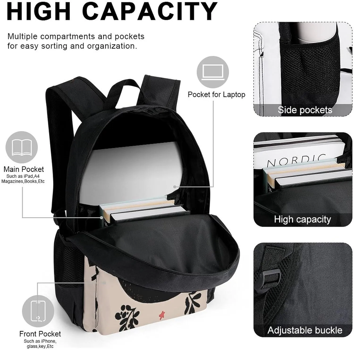 Portable Backpack Set with Lunch Bag & Pencil Case, Black, Cat Pattern Print 3-in-1 Durable Work Bag,Adjustable Straps,Lightweight & Spacious