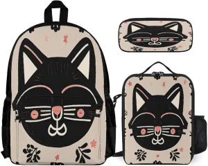Portable Backpack Set with Lunch Bag & Pencil Case, Black, Cat Pattern Print 3-in-1 Durable Work Bag,Adjustable Straps,Lightweight & Spacious