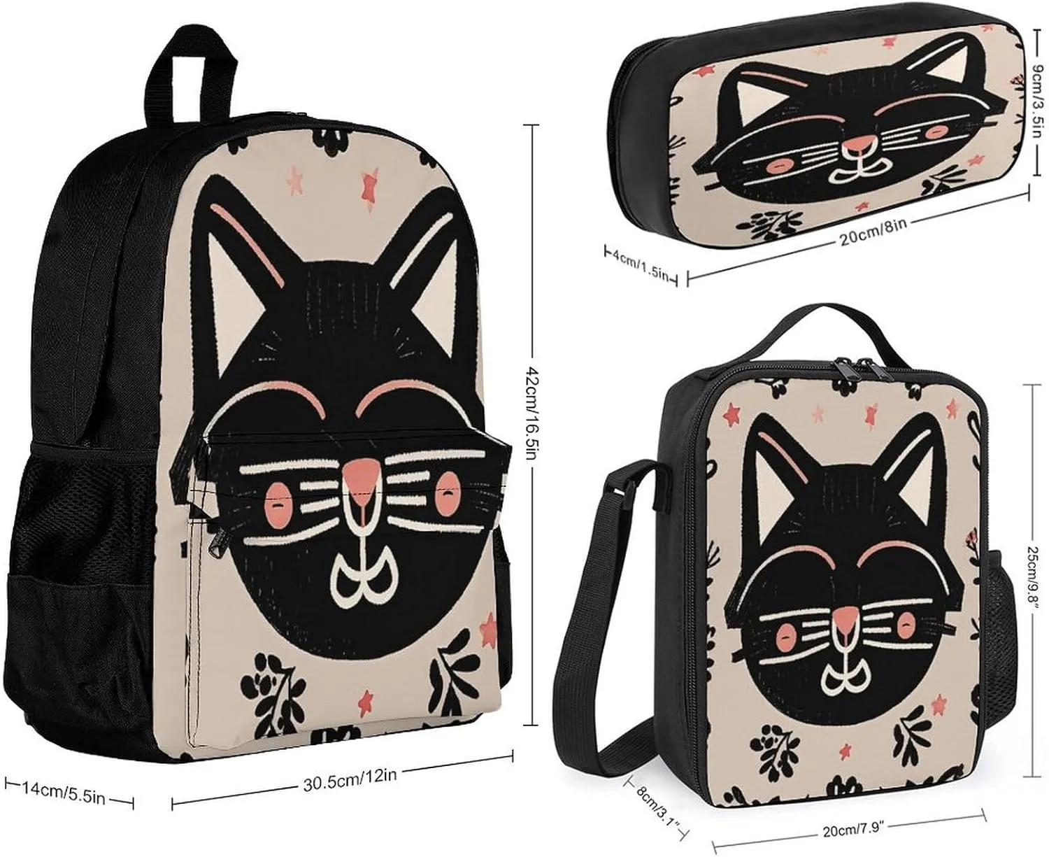Portable Backpack Set with Lunch Bag & Pencil Case, Black, Cat Pattern Print 3-in-1 Durable Work Bag,Adjustable Straps,Lightweight & Spacious
