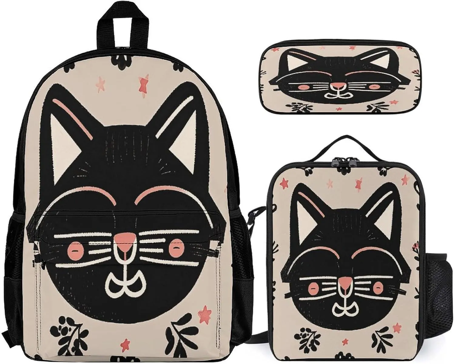 Portable Backpack Set with Lunch Bag & Pencil Case, Black, Cat Pattern Print 3-in-1 Durable Work Bag,Adjustable Straps,Lightweight & Spacious