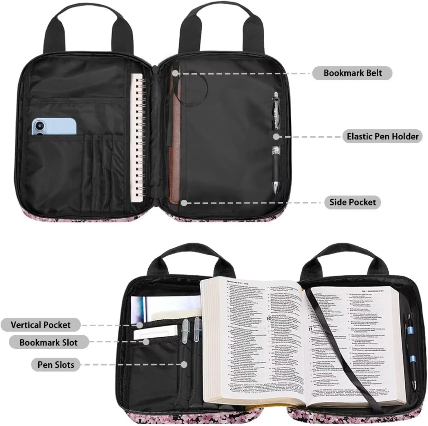 Portable Bible Cover Bookcase with Handle Bible Tote Bag Bible Books Pens Organizer 10.8 x 8.4 x 2.7 inches