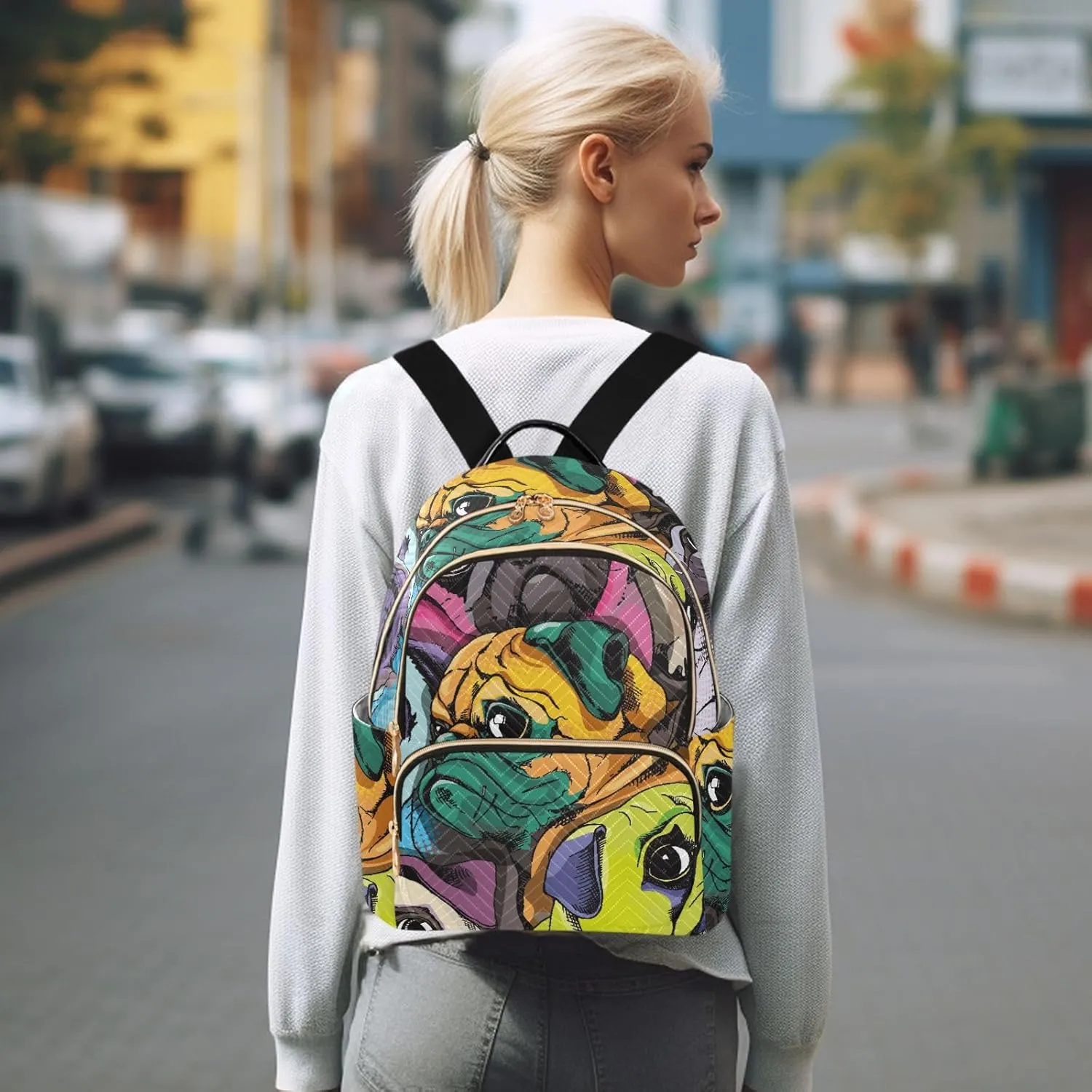 Portrait Of Many Pugs Pop Art Style Mini Backpack for Women, Travel Backpack Purse Daypack Shoulder Bag for Ladies