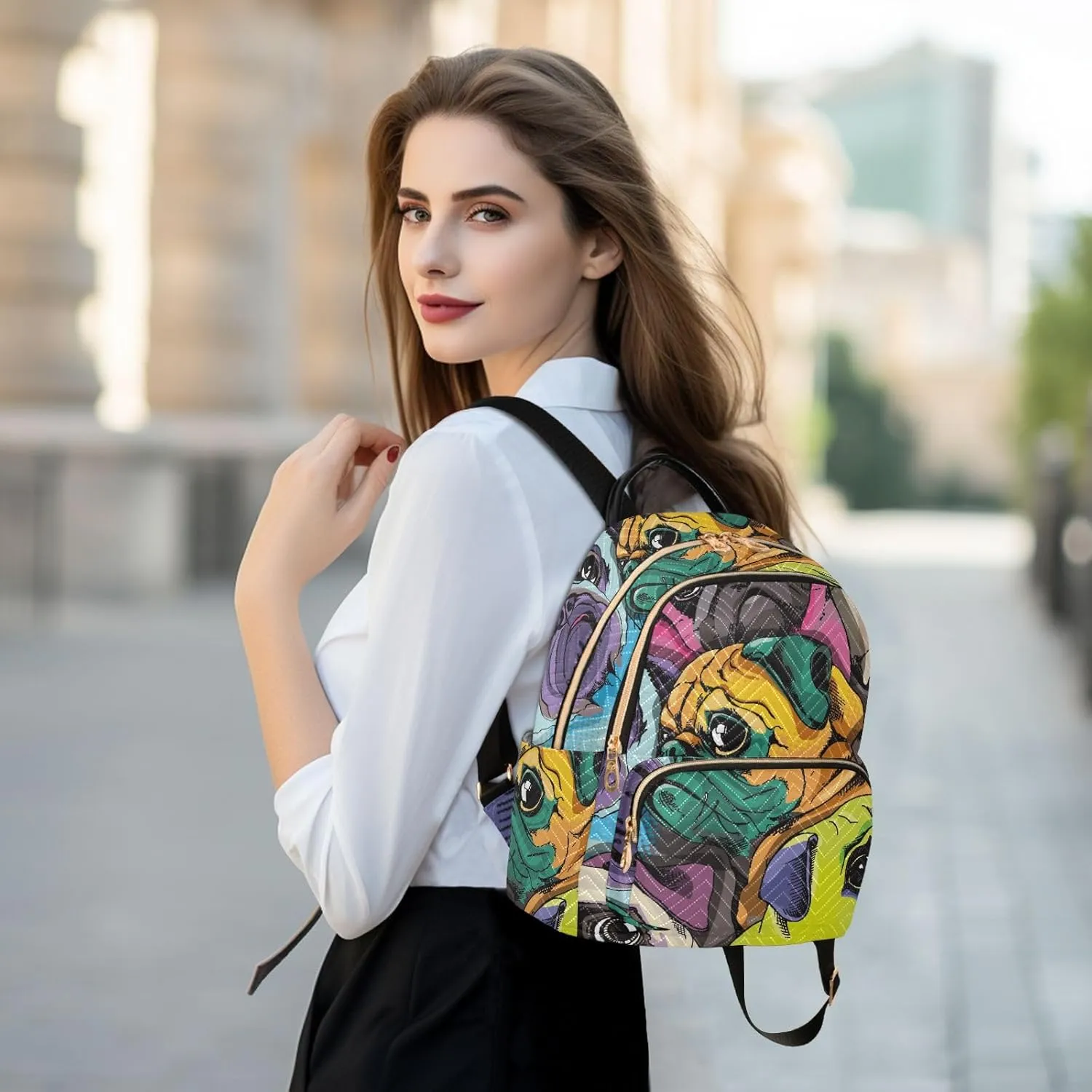 Portrait Of Many Pugs Pop Art Style Mini Backpack for Women, Travel Backpack Purse Daypack Shoulder Bag for Ladies