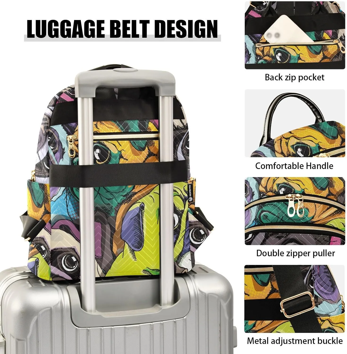 Portrait Of Many Pugs Pop Art Style Mini Backpack for Women, Travel Backpack Purse Daypack Shoulder Bag for Ladies