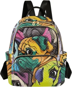 Portrait Of Many Pugs Pop Art Style Mini Backpack for Women, Travel Backpack Purse Daypack Shoulder Bag for Ladies
