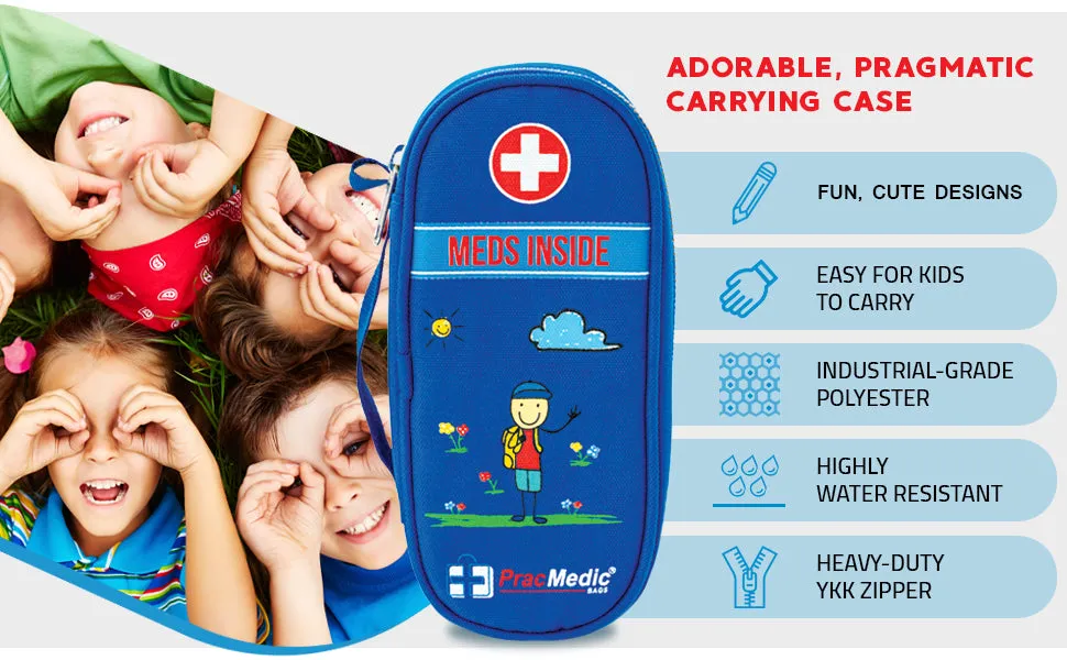 PracMedic Bags Epipen Carrying Case for Kids- Insulated, Holds 2 Epi Pens, Auvi-Q, Asthma Inhaler, Anti-histamine, Nasal Spray, Eye Drops, Ice Pack, Portable Medicine Supplies, Updated Design (Blue)