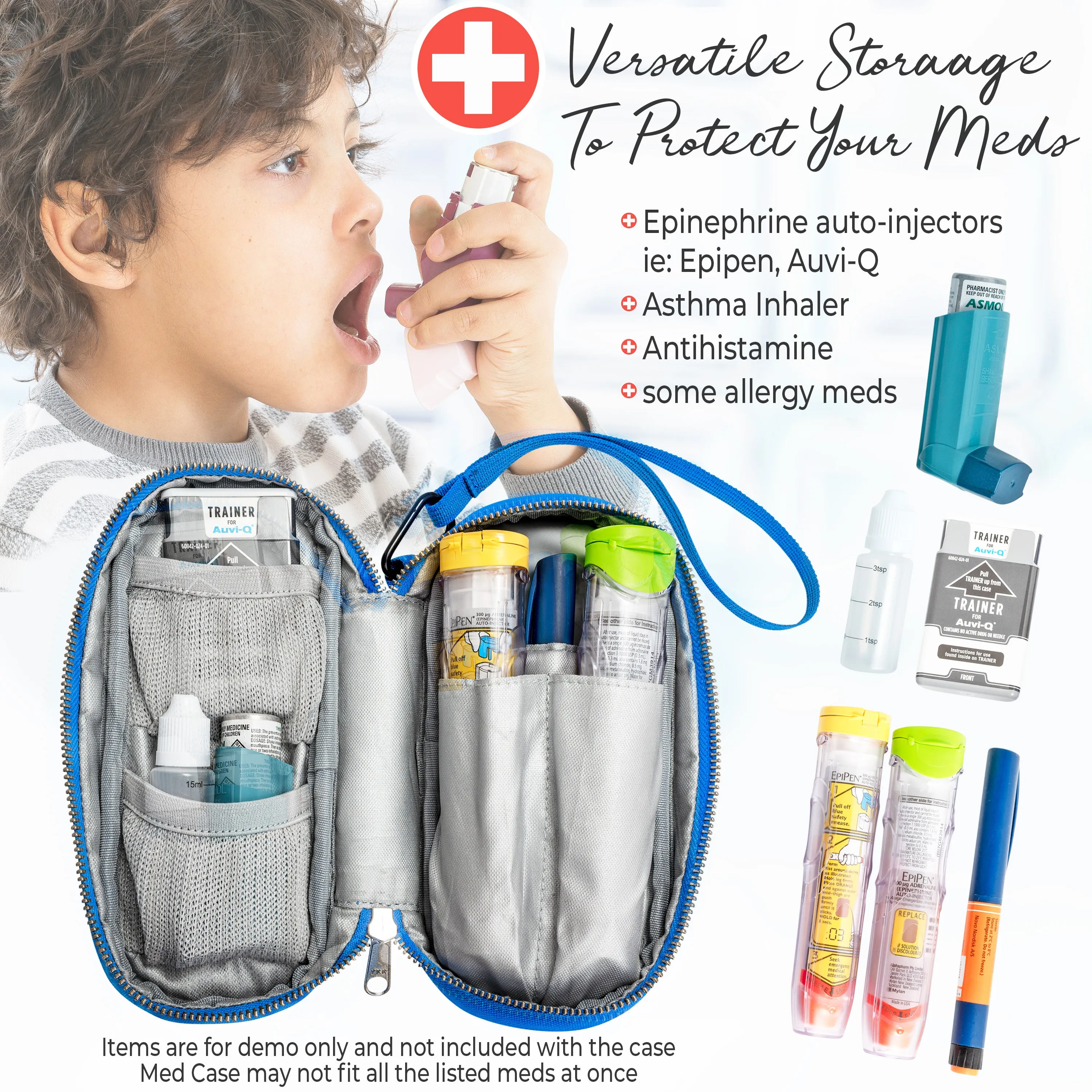 PracMedic Bags Epipen Carrying Case for Kids- Insulated, Holds 2 Epi Pens, Auvi-Q, Asthma Inhaler, Anti-histamine, Nasal Spray, Eye Drops, Ice Pack, Portable Medicine Supplies, Updated Design (Blue)