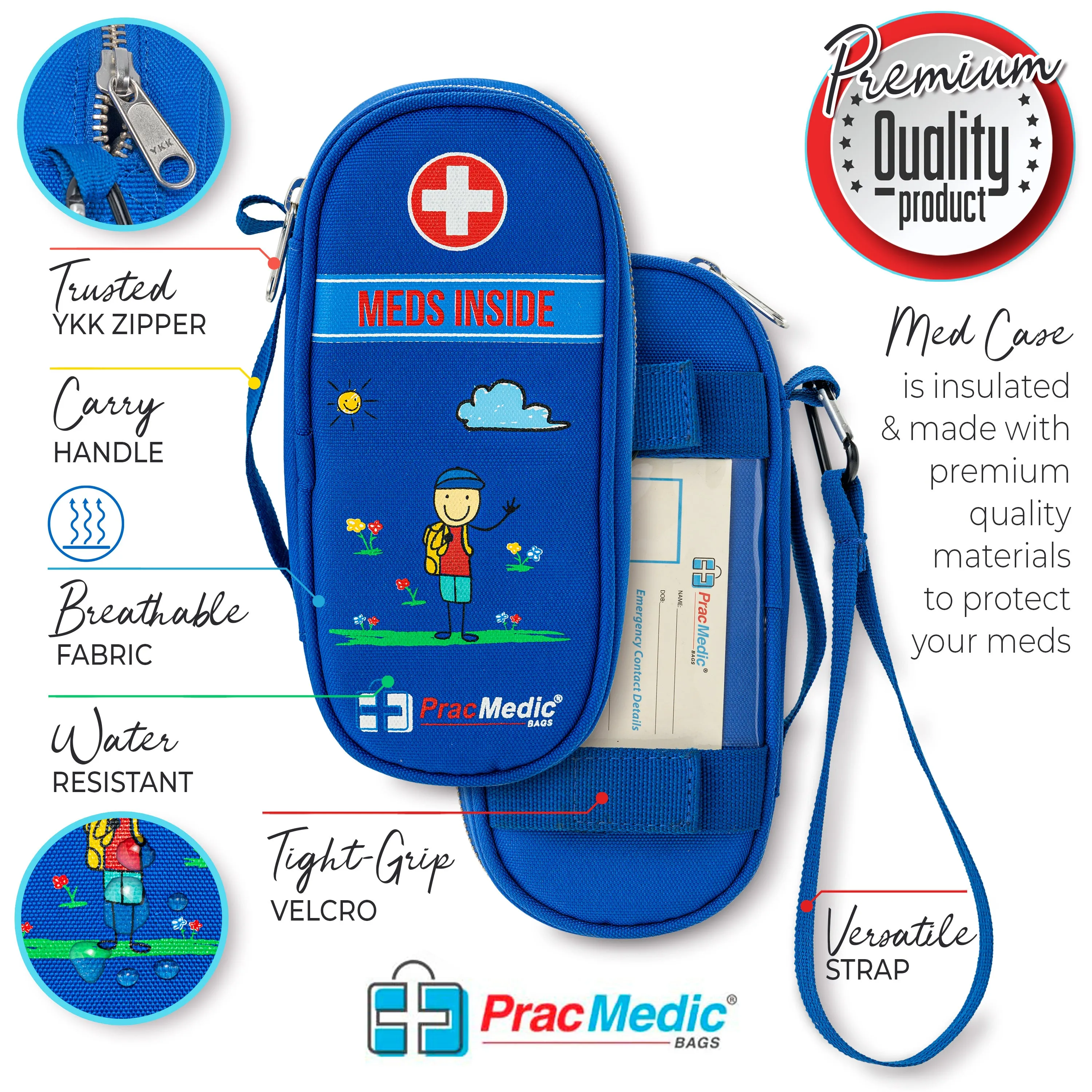 PracMedic Bags Epipen Carrying Case for Kids- Insulated, Holds 2 Epi Pens, Auvi-Q, Asthma Inhaler, Anti-histamine, Nasal Spray, Eye Drops, Ice Pack, Portable Medicine Supplies, Updated Design (Blue)
