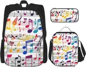 Premium Colorful Music Notes Print 3-in-1 Backpack Set with Lunch Bag & Pencil Case Portable Bag Set