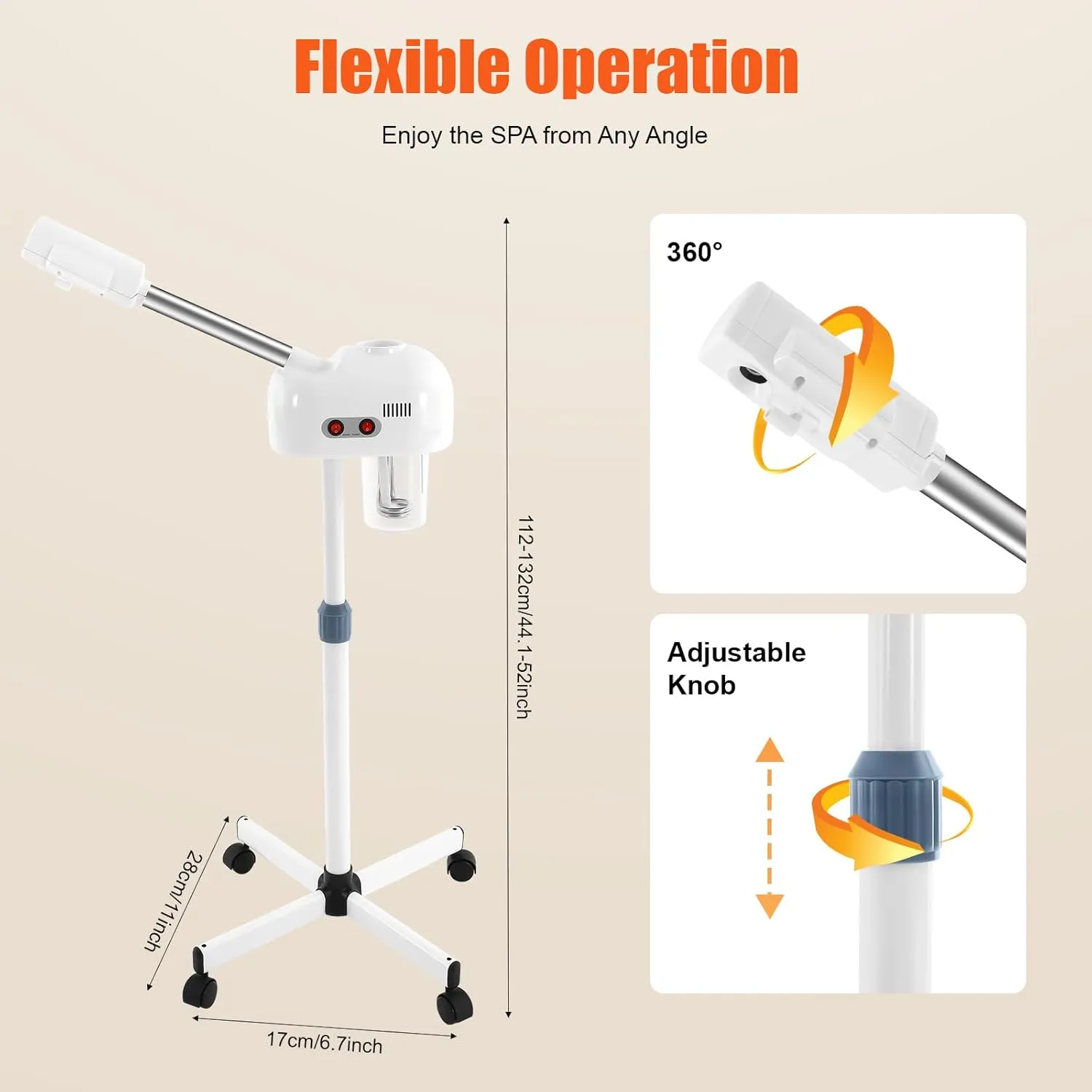 Professional Face Steamer Ozone Facial Steamer on Wheels Height Adjustable and Rotatable Nozzle Skin Care Equipment for Personal Home Salon Spa Skin Cleaning (White)