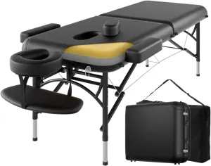 Professional Massage Table Portable 2 Fold Premium Memory Foam Aluminium Leg Hold Up to 1100LBS 8 Heights Adjustable with Carrying Bag Black