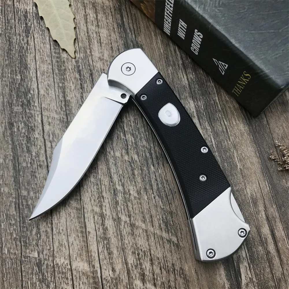 push button assisted opening Folding Knife,440C Stainless Steel Blade, Backlock G10 Handle with Leather Sheath, EDC Pocket Knives for Men (Black)