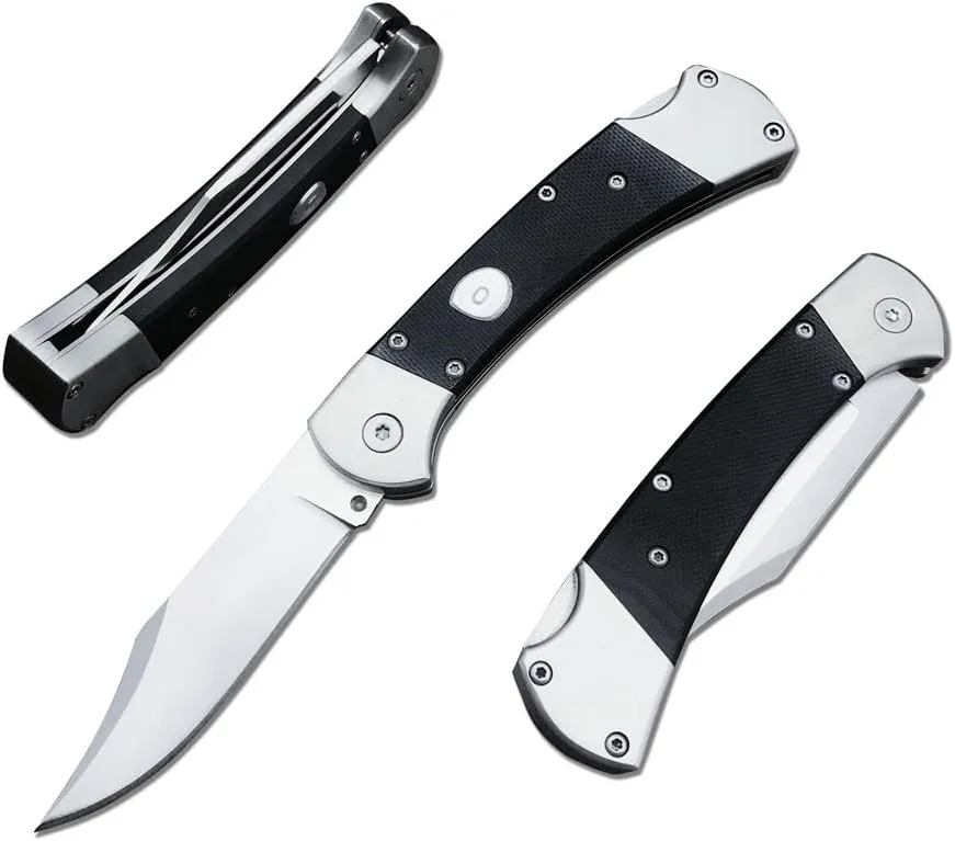 push button assisted opening Folding Knife,440C Stainless Steel Blade, Backlock G10 Handle with Leather Sheath, EDC Pocket Knives for Men (Black)