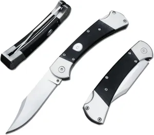 push button assisted opening Folding Knife,440C Stainless Steel Blade, Backlock G10 Handle with Leather Sheath, EDC Pocket Knives for Men (Black)