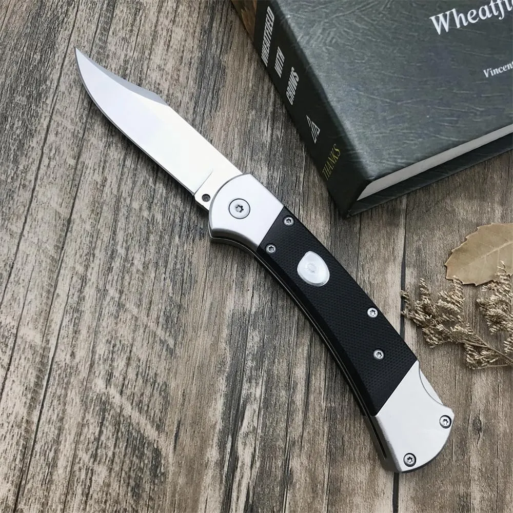 push button assisted opening Folding Knife,440C Stainless Steel Blade, Backlock G10 Handle with Leather Sheath, EDC Pocket Knives for Men (Black)