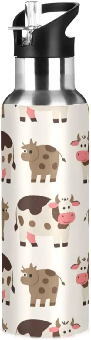Qilmy Cartoon Cow Pattern Sport Water Bottle with Straw Lid Double Wall Vacuum Insulated Flask Stainless Steel Water Bottle 20 oz