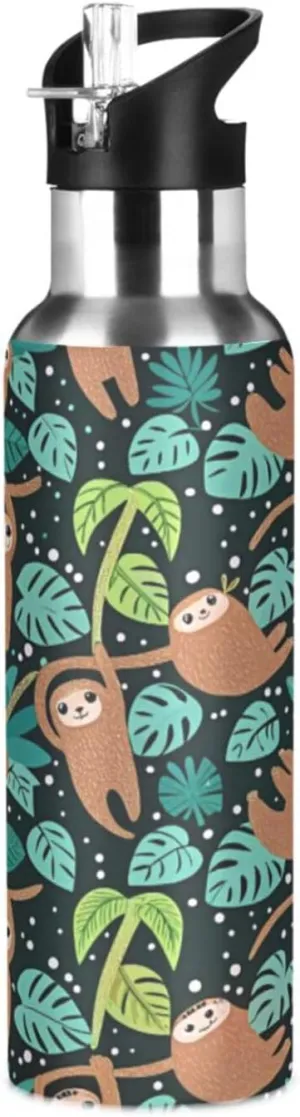 Qilmy Cute Sloths Sport Water Bottle with Straw Lid Double Wall Vacuum Insulated Flask Stainless Steel Water Bottle 20 oz