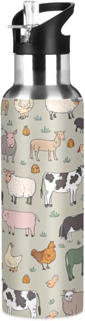 Qilmy Farm Animals Sport Water Bottle with Straw Lid Double Wall Vacuum Insulated Flask Stainless Steel Water Bottle 20 oz