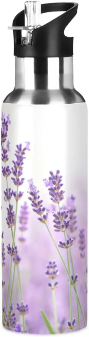 Qilmy Lavender Flowers Sport Water Bottle with Straw Lid Double Wall Vacuum Insulated Flask Stainless Steel Water Bottle 20 oz