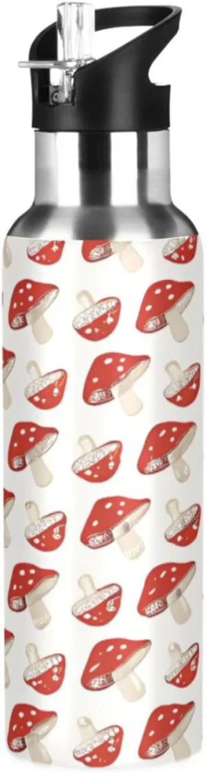 Qilmy Red Hat Mushroom Sport Water Bottle with Straw Lid Double Wall Vacuum Insulated Flask Stainless Steel Water Bottle 20 oz