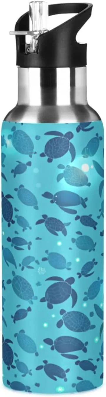 Qilmy Sea Turtle Sport Water Bottle with Straw Lid Double Wall Vacuum Insulated Flask Stainless Steel Water Bottle 20 oz