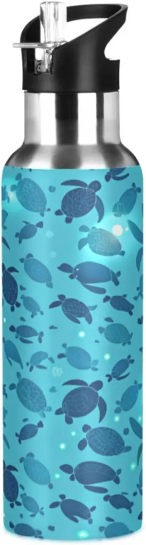 Qilmy Sea Turtle Sport Water Bottle with Straw Lid Double Wall Vacuum Insulated Flask Stainless Steel Water Bottle 20 oz