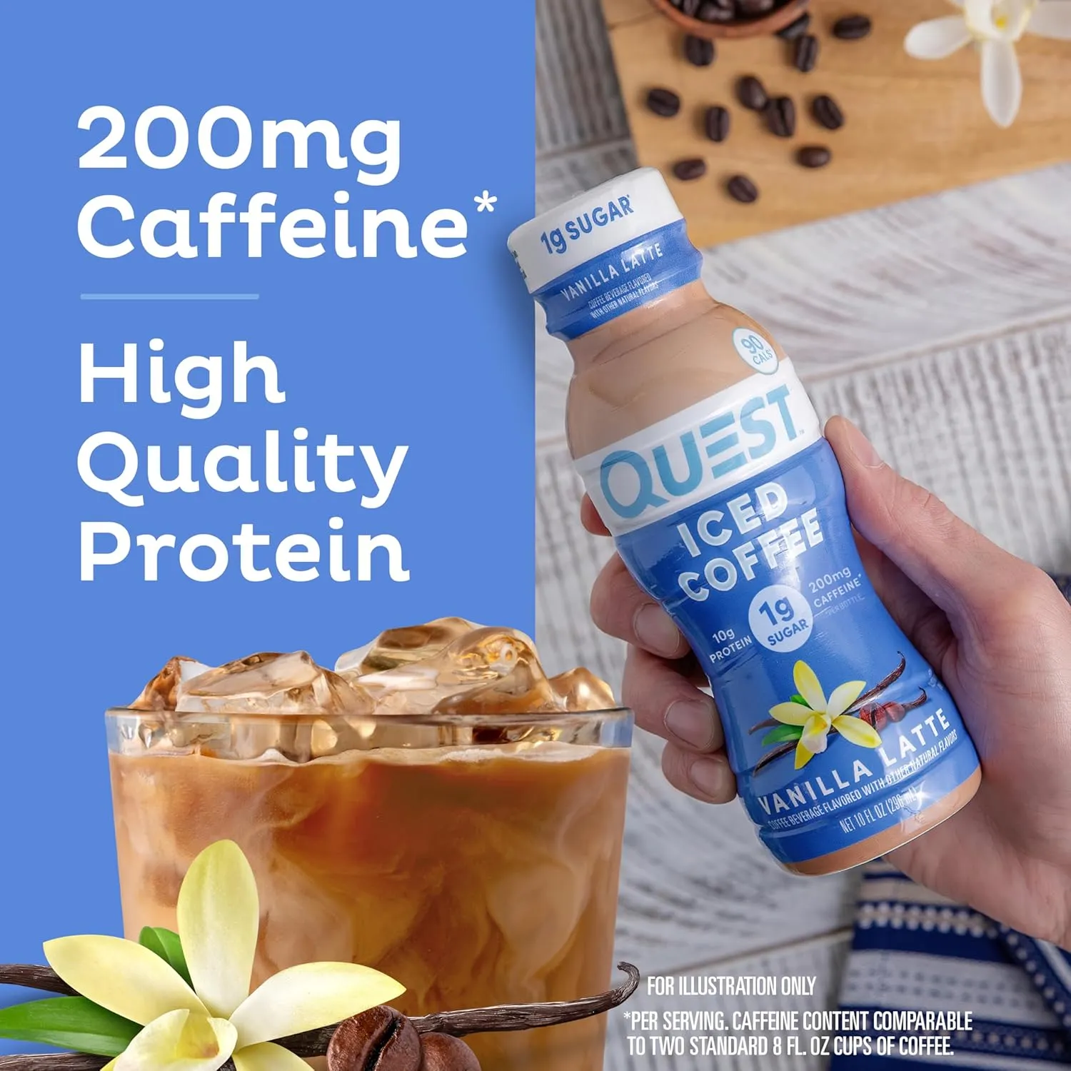 Quest Nutrition Iced Coffee, Vanilla Latte, 1g of Sugar, 10g of Protein, 90 calories, 200mg of caffeine, 12 Count