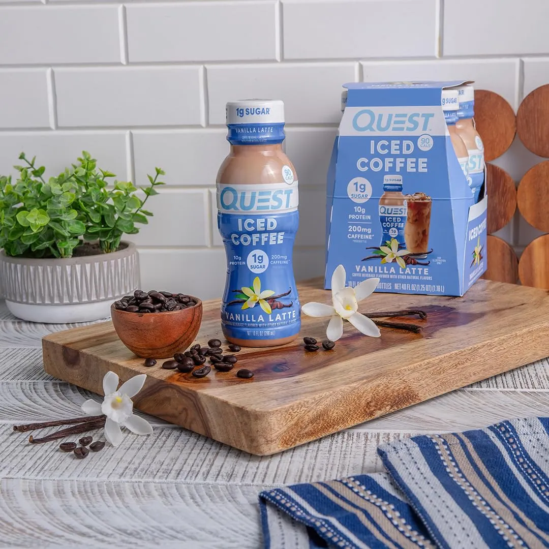 Quest Nutrition Iced Coffee, Vanilla Latte, 1g of Sugar, 10g of Protein, 90 calories, 200mg of caffeine, 12 Count