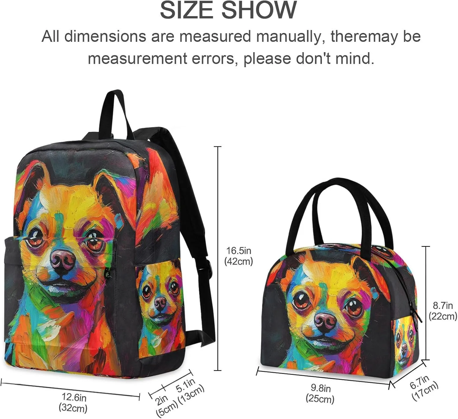 Rainbow Art Dog Puppy Backpack Set with Lunch Bag for Girls Boys Elementary Primary School Kids Lightweight Daypack Set