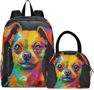 Rainbow Art Dog Puppy Backpack Set with Lunch Bag for Girls Boys Elementary Primary School Kids Lightweight Daypack Set