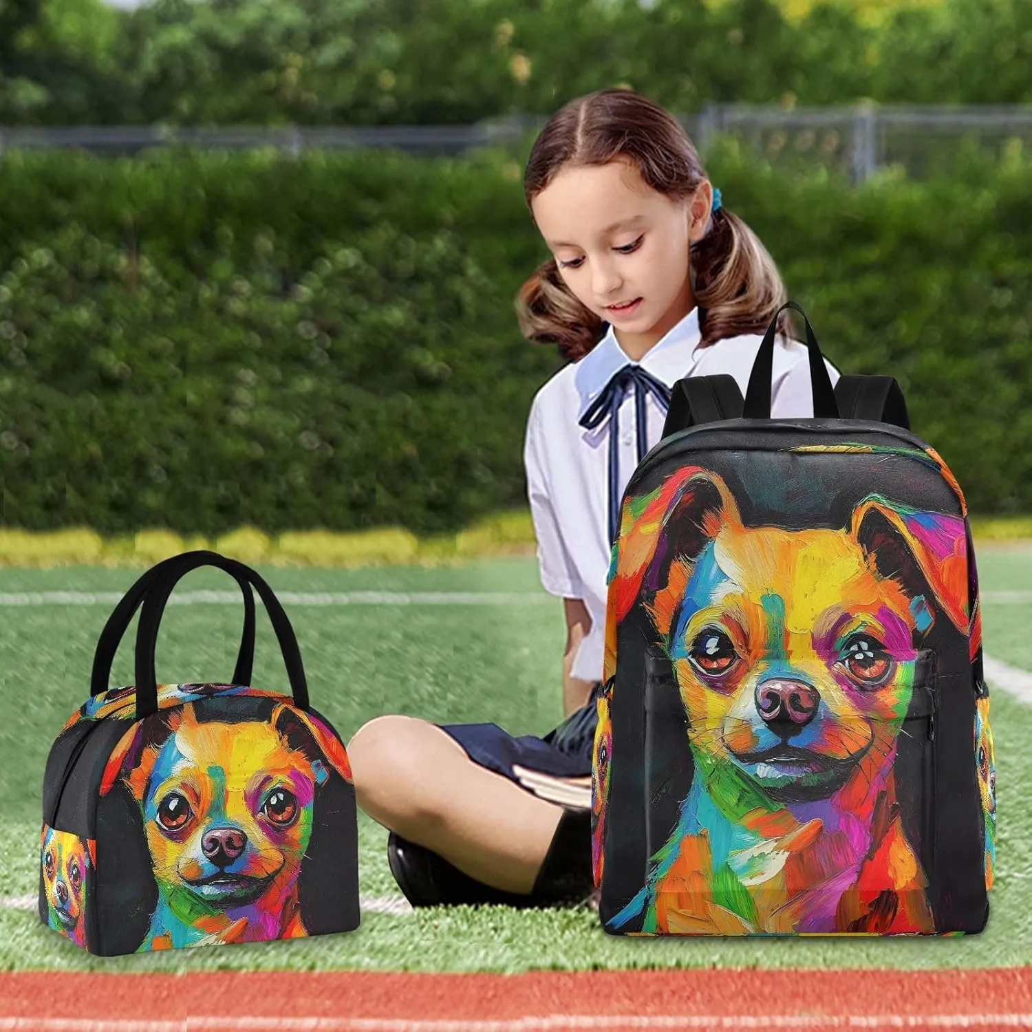 Rainbow Art Dog Puppy Backpack Set with Lunch Bag for Girls Boys Elementary Primary School Kids Lightweight Daypack Set