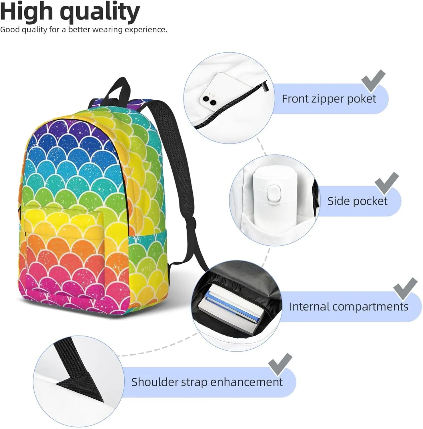 Rainbow Fish Scale Large Capacity Backpack, Men'S And Women'S Fashionable Travel Backpack, Leisure Work Bag,